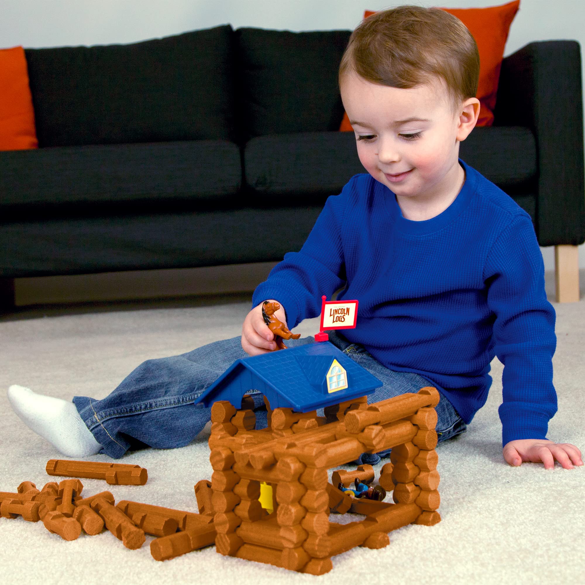 LINCOLN LOGS-Horseshoe Hill Station-83 Pieces-Real Wood Logs - Ages 3+ - Best Retro Building Gift Set for Boys/Girls – Creative Construction Engineering – Top Blocks Game Kit - Preschool Education Toy