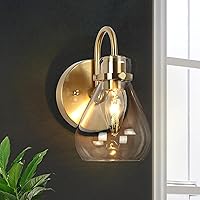 Gold Sconces Wall Lighting, Modern 1-Light Wall Sconce with Clear Glass Shade, Electroplated Brass Wall Mounted Light Fixture for Bathroom, Bedroom, Living Room and Stairway