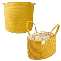 Natemia Large Rope Storage Basket and Cotton Rope Diaper Caddy - Nursery Bin and Toy Organizer Laundry Basket, Basket for Towels, Pillows and Blankets, Perfect Baby Registry Gift-Harvest Gold