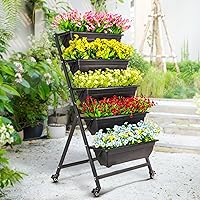 5-Tier Vertical Raised Garden Bed with 4 Lockable Caster Wheels, Sturdy Steel Vertical Garden Planter with Efficient Drainage Tray, Ergonomic Ladder Planter with Included Garden Tools, Black