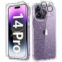 MIODIK for iPhone 14 Pro Case with Screen Protector + Camera Lens Protector, [Non-Yellowing] Clear Glitter Phone Case, Shockproof Protective Women Cute Bumper Cover for 6.1 Inch - Sparkle Clear