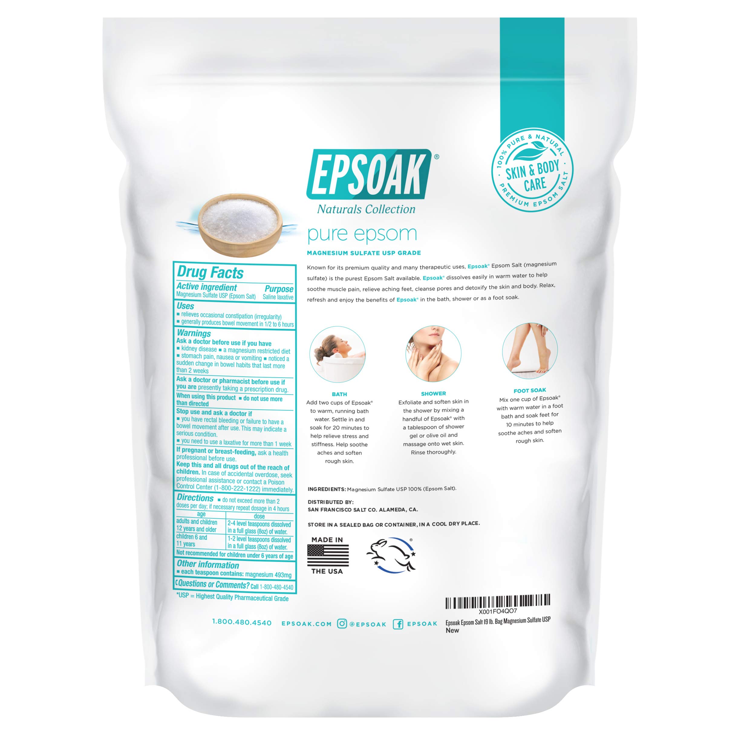 Epsoak Epsom Salt 19 lb. Magnesium Sulfate USP Bulk Bag
