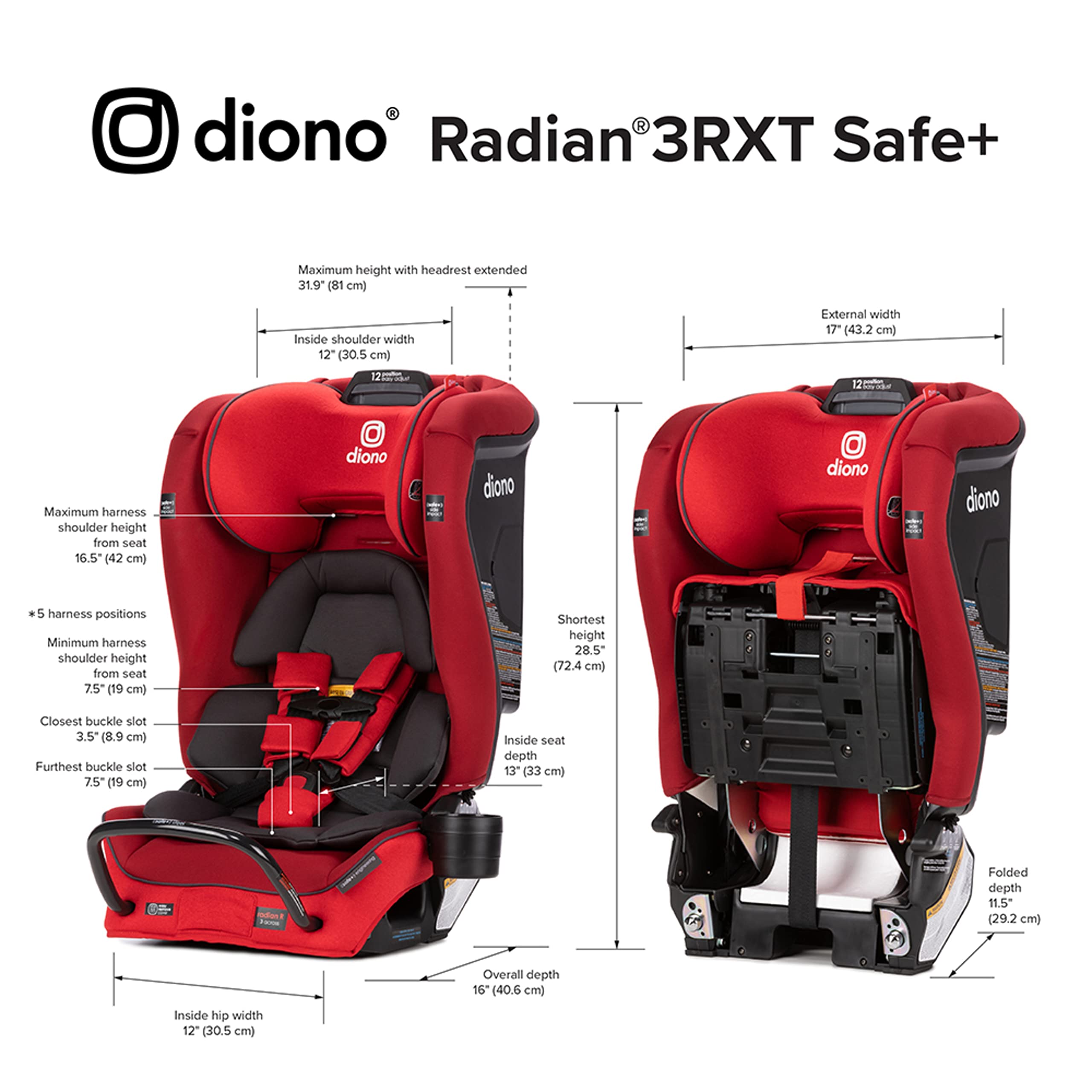 Diono Radian 3RXT SafePlus, 4-in-1 Convertible Car Seat, Rear and Forward Facing, SafePlus Engineering, 3 Stage -Infant Protection, 10 Years 1 Car Seat, Slim Fit 3 Across, Red Cherry
