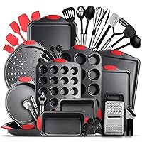 Eatex Baking Pans Set - 39PC Baking Set with Silicone Handles, Durable Steel Baking Sheets for Oven, BPA Free Bakeware Sets, Oven Safe Cookie Sheets for Baking Nonstick Set with Utensils - Black