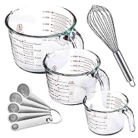 Set of 3 Glass Measuring Cups with Measuring Spoons & Whisk - Kitchen Mixing Bowl Liquid Measure Cup, Glass Bakeware. 1 cup, 2 cup, 4 cup.