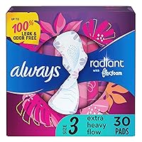 Always Radiant Feminine Pads For Women, Size 3 Extra Heavy Absorbency, With Flexfoam, With Wings, Light Clean Scent, 30 Count