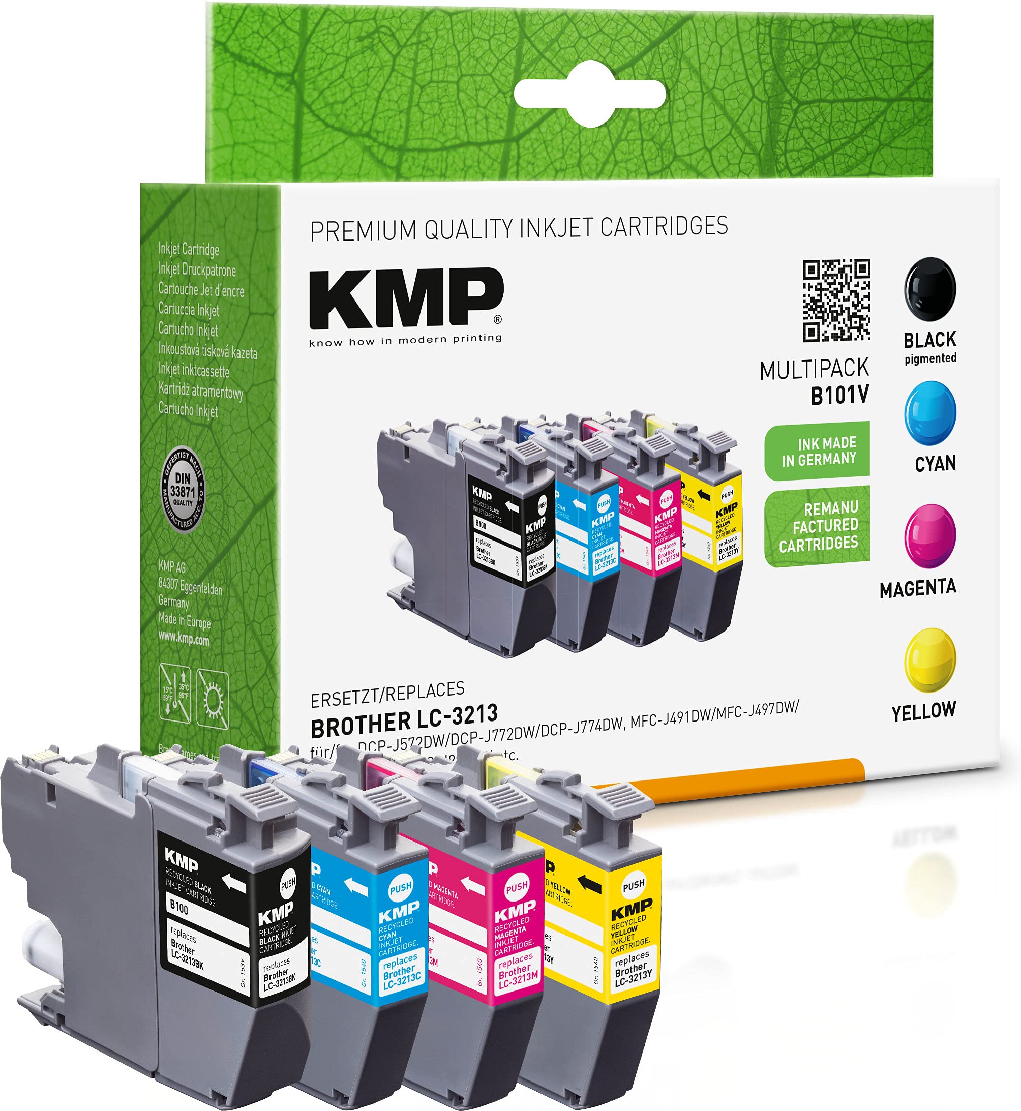 KMP Printer Cartridge Compatible with Brother LC 3213 - Ink Cartridge Multipack Black, Cyan, Magenta, Yellow Set for DCP-J: 572,770, 772,774, MFC-J: 490, 491, 497, 890, 895 DW Series