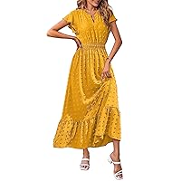 MEROKEETY Women 2024 Summer Flutter Short Sleeve V Neck Swiss Dot Smocked A Line Tiered Maxi Dresses