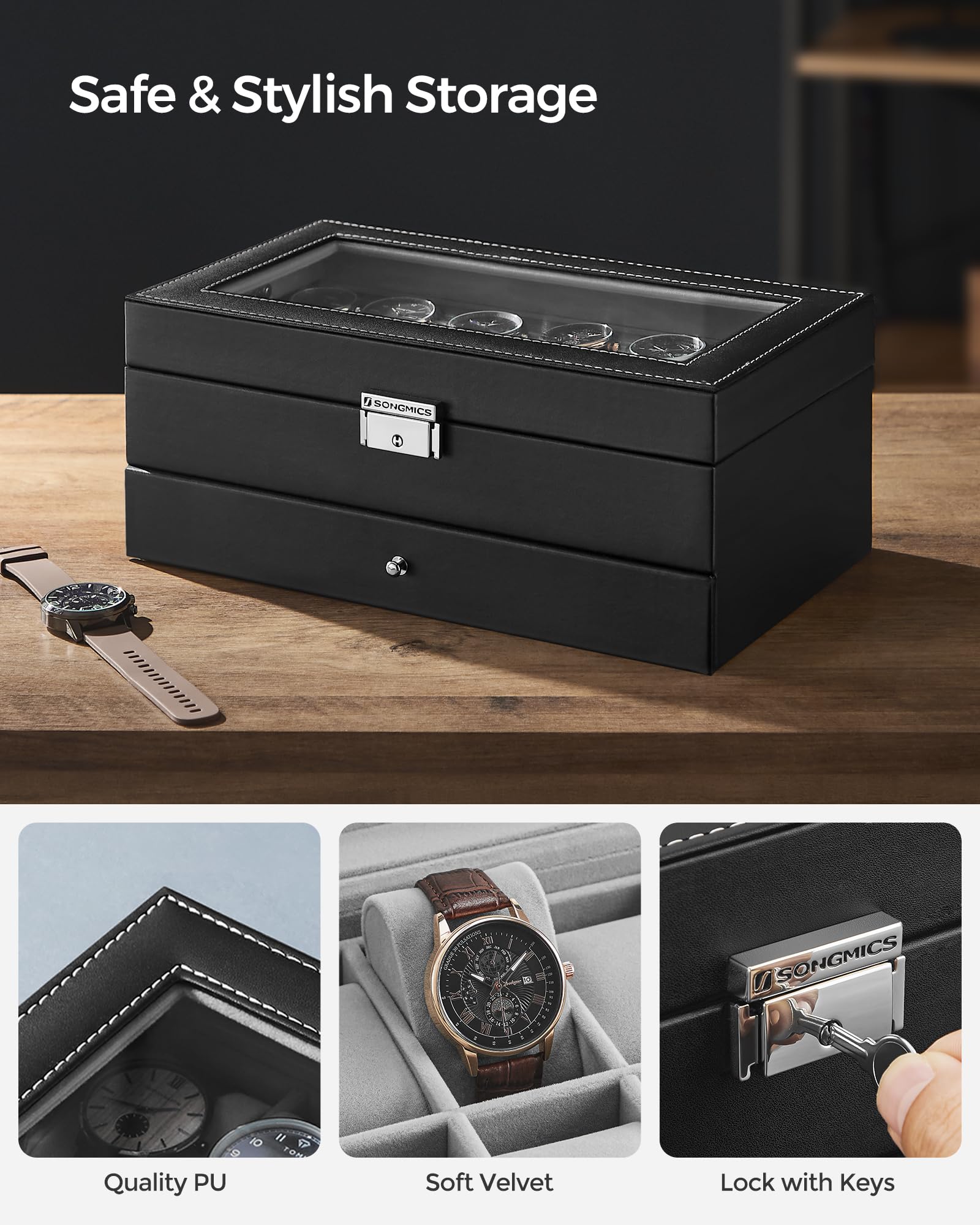 SONGMICS 12-Slot Watch Box, Lockable Watch Case with Glass Lid, 2 Layers, with 1 Drawer for Rings, Bracelets, Gift Idea, Black Synthetic Leather, Gray Lining UJWB012