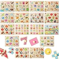 16 Pcs Wooden Peg Puzzles Set for Toddlers 3-5, Wooden Puzzles Bulk Kids Educational Preschool Pegged Knob Puzzle Toy, Numbers Animals Learning Toys Ideal Gift for Baby Boy and Girl Age 3+