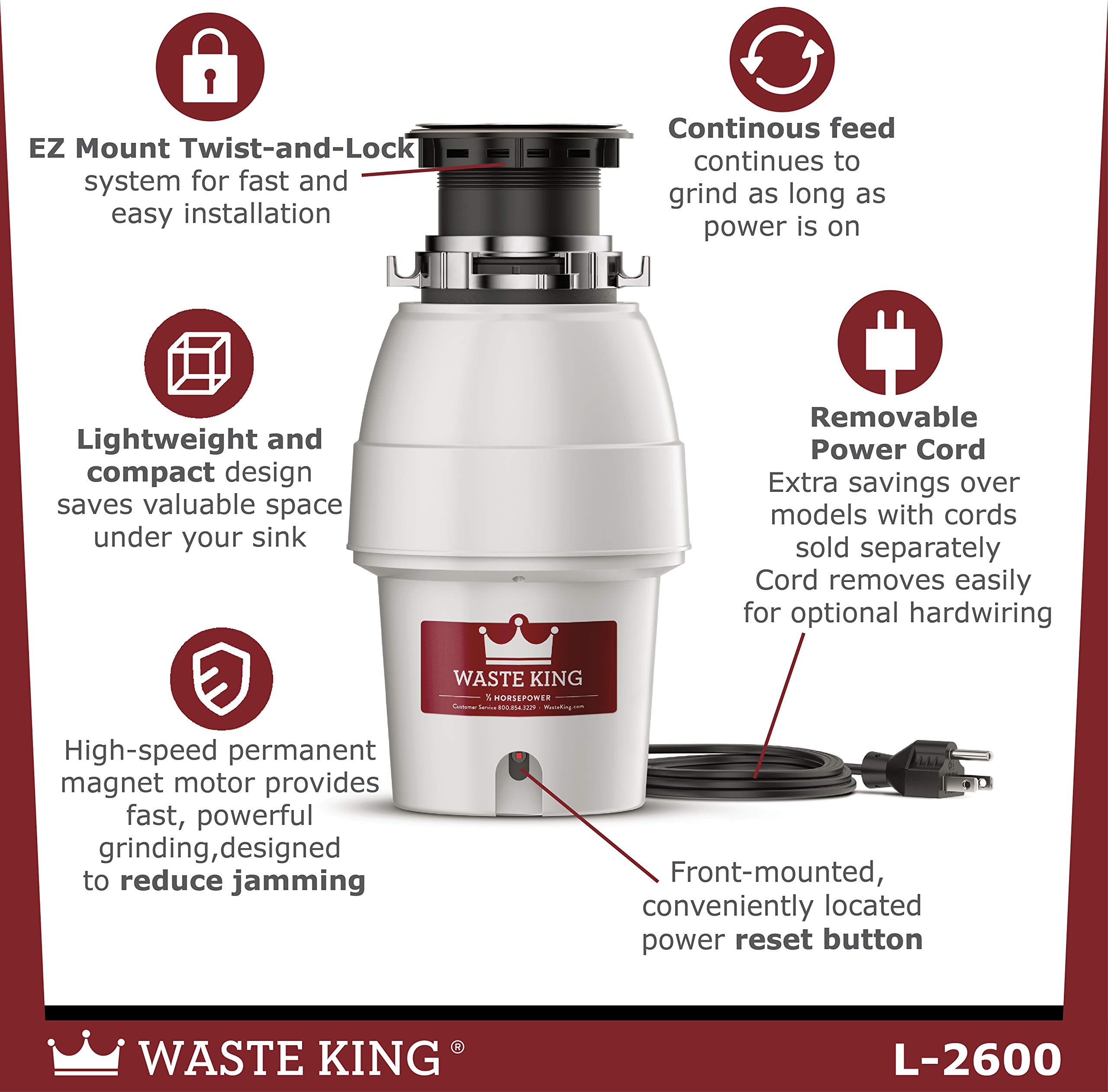 Waste King L-2600 Legend Series 1/2 HP Continuous Feed Garbage Disposal with Power Cord, Waste Disposer for Kitchen Sink