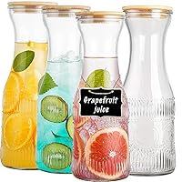 Glass Carafe Pitchers with Lids, Set of 4 1 Liter Embossed Designed Beverage Pitcher Carafe Set for Mimosa Bar, Juice Container for Brunch, Cold Water, Juice -With 4 Wooden Chalkboard Tags