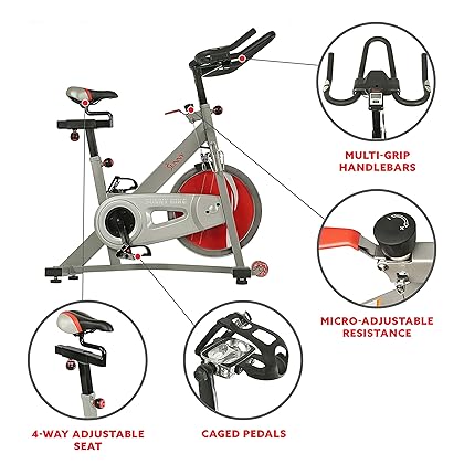 Sunny Health & Fitness Pro Belt Drive Indoor Cycling Stationary Exercise Bikes with Optional SunnyFit® App Enhanced Bluetooth Connectivity.
