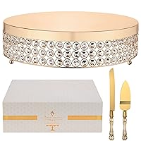 16'' Gold Cake Stand with Stainless Steel Cake Knife & Server – 3Pcs Set Luxurious Cake Holder with Crystal Beads – Multipurpose Dessert Stand Dessert Table Display for Wedding, Party, (Glitter Gold)