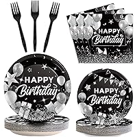 96 PCS Black and White Silver Happy Birthday Party Decorations Birthday Party Tableware Set Confetti Sprinkles Black Birthday Plates Napkins Forks Serve 24 Birthday Plates Table Decors for Men Women