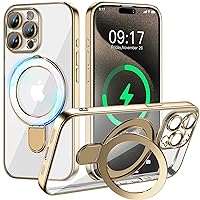 Magnetic for iPhone 15 Pro Case with Invisible Stand[Compatible with MagSafe][Full Camera Lens Protector][Military Drop Protection]Shockproof Not Yellowing Clear Slim Soft for Women Men Gold