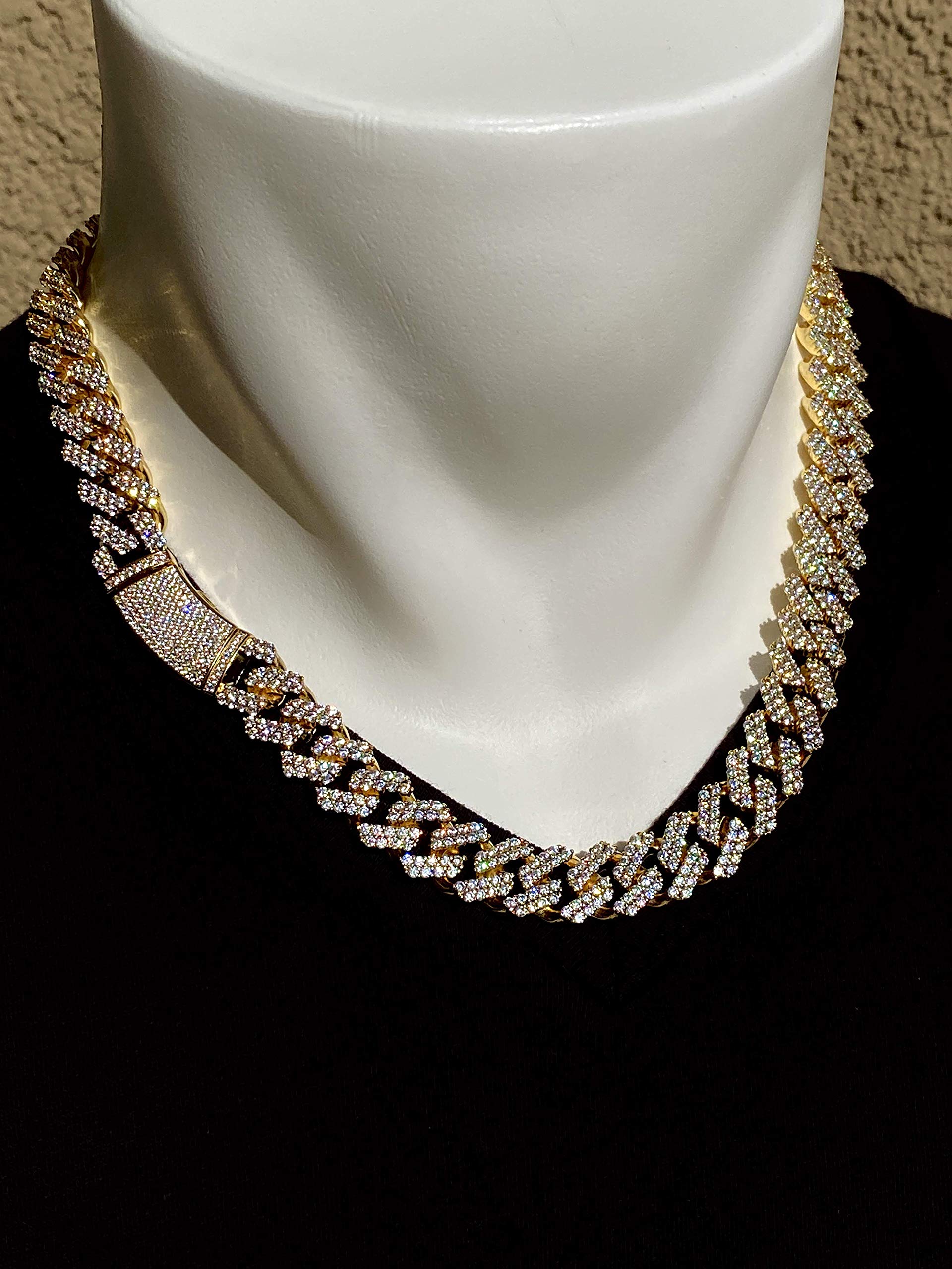 Mens 14k Gold Finish 12mm Miami Cuban Link Chain Choker Necklace Iced Round Set Cuban Chain for Men, Miami Cuban Link Chain Choker Necklace Real Solid Cuban Choker, Cuban necklace 20 Inches