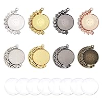 Pandahall Moon Rotation Double Sided Pendant Trays Set with 32pcs Round Blank Bezel Pendant Cabochon Settings Trays 64pcs Clear Glass Dome Cabochons for DIY Photo Resin Jewelry Craft Making