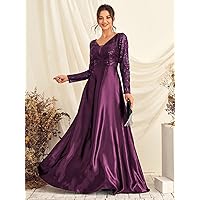 Fall Dresses for Women 2022 Sequin Decor Mesh Panel Satin Prom Dress (Color : Purple, Size : Large)