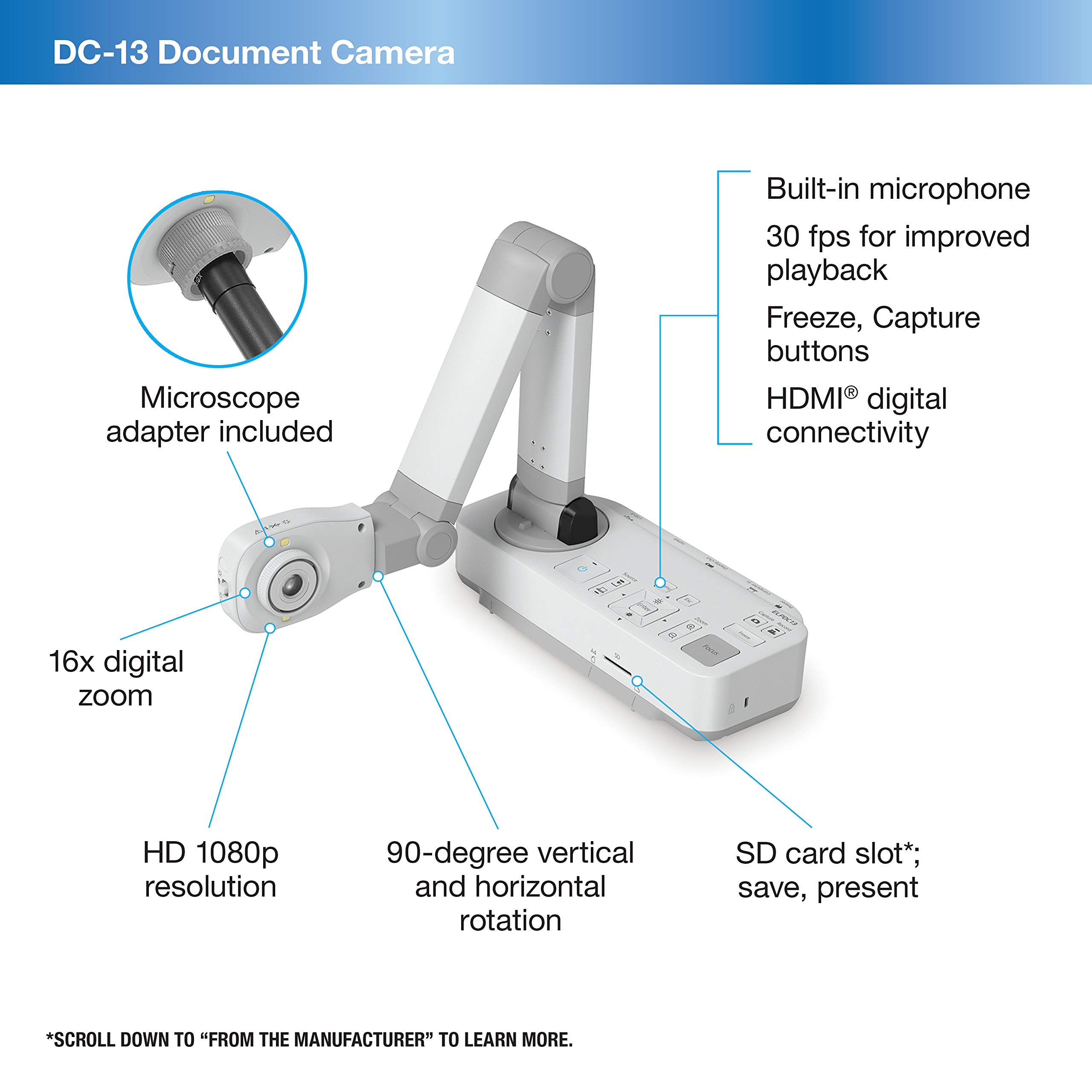Epson DC-13 High-Definition Document Camera with HDMI, 16x Digital Zoom and 1080p Resolution,White