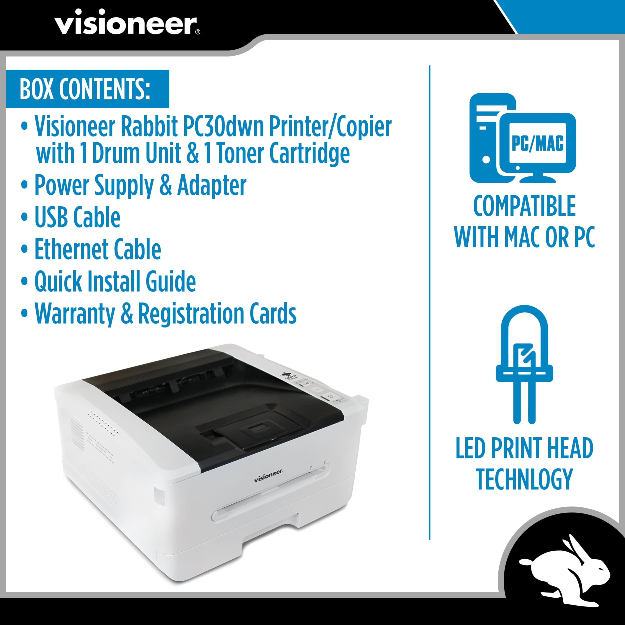 Visioneer Rabbit PC30dwn Laser Printer/Copy Machine, Monochrome USB Office Printer and Copier for PC and Mac, 30 PPM, 250 Page Automatic Document Feeder (ADF)