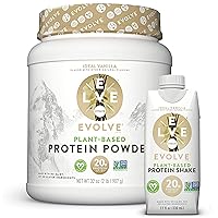 Evolve Plant-Based 20g Protein Shake and Powder Bundle Pack, Ideal Vanilla, 11oz Cartons (12 Pack) & 2lb Canister