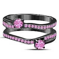 14k Black Rhodium Plated Alloy Two Stone Prong Set Round Forever US Enhancer Ring Guard with CZ Pink Sapphire (0.58 ct. tw.)