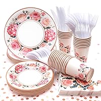 Floral Party Supplies, (Serves 24) Rose Flower Disposable Paper Plates Cups Napkin, Knives Spoons Forks, Tableware Sets for Baby Shower Birthday Bridal Shower Tea Valentines Day Decorations