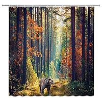 Fall Forest Shower Curtain Tree Bear Deer Cabin Wildlife Leaves Jungle Road Plant Truck Autumn Nature Landscape Scenic Hunting Bathroom Curtain with Hooks,Orange Yellow Green
