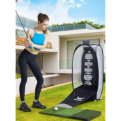 wosofe Golf Practice Hitting Net Indoor Backyard Home Chipping 2 Target and Ball Swing Training Aids Golfing Accuracy with A Tri-Turf Mat and Carry Bag Great Gifts for Dad Mom Husband Women Kid Golfers