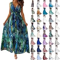 Summer Dresses for Women 2024 Dressy Sleeveless V Neck Boho Maxi Dress Trendy Casual High Wasit Flowy Beach Long Dresses