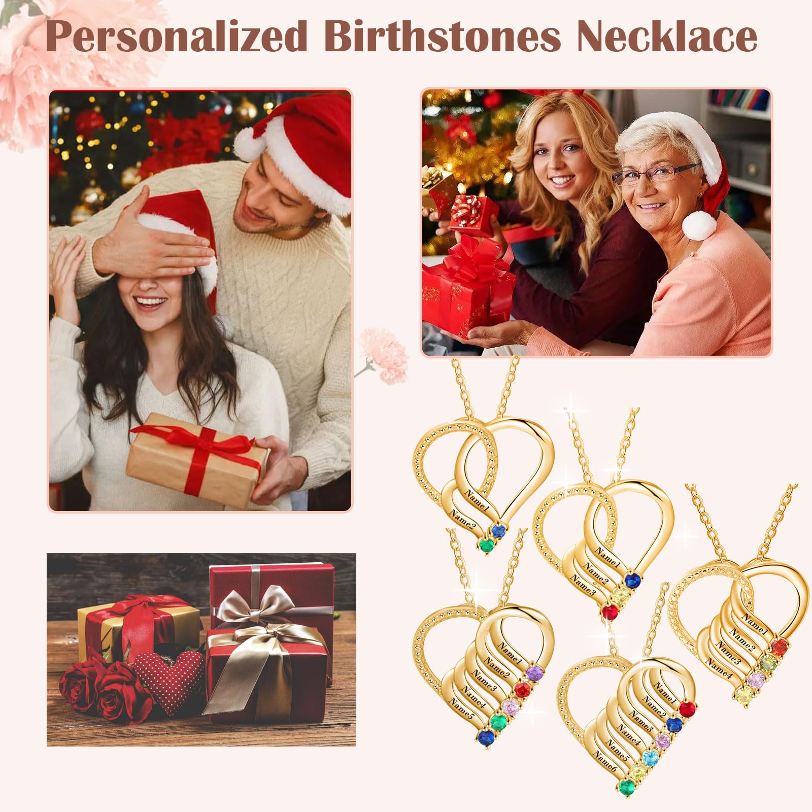 MRENITE 10K 14K 18K Gold Personalized Mothers Necklace with 2-6 Birthstones Custom Engraved Heart Names Mom Pendant Christmas Gift for Her Wife