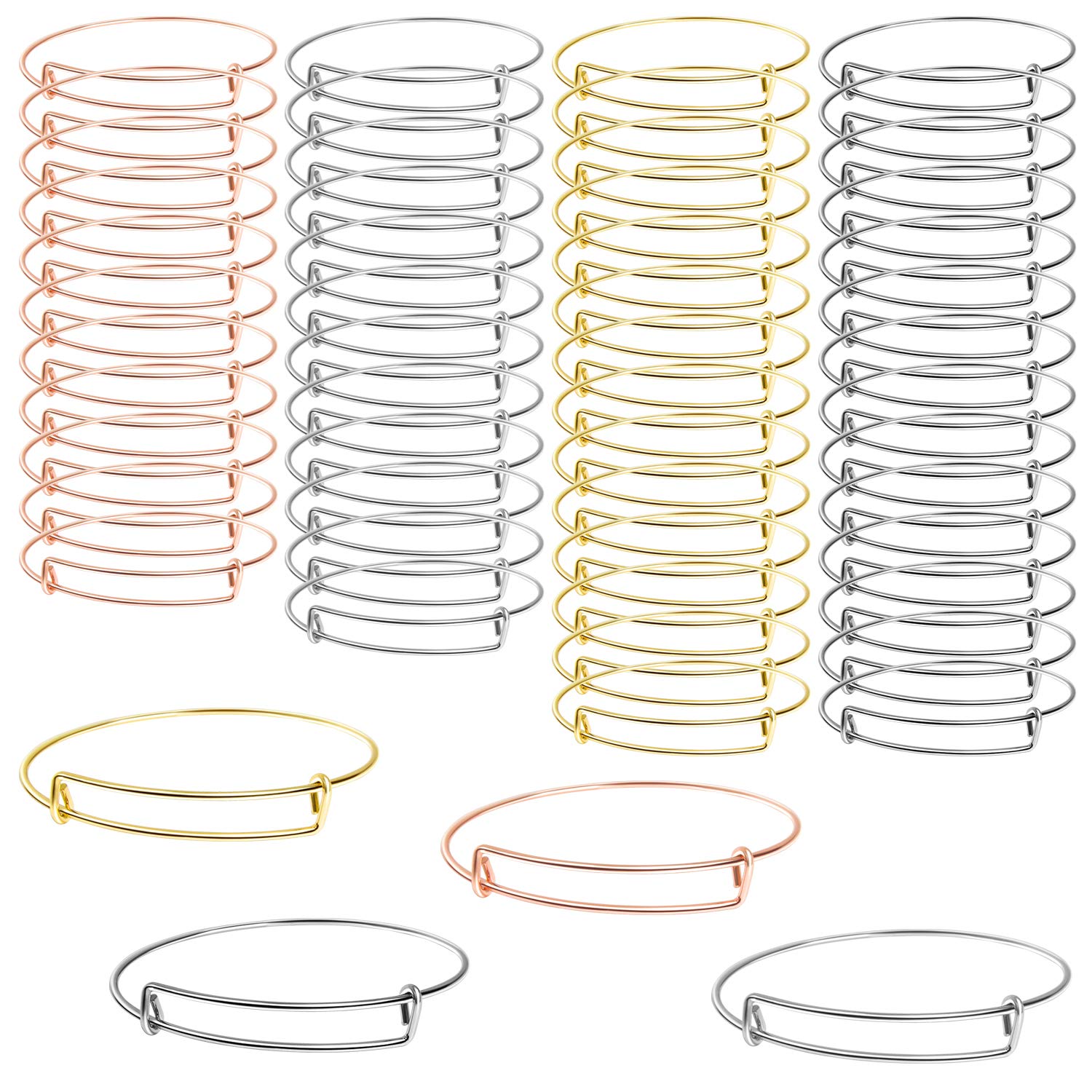 UPINS 100Pcs Expandable Blank Bangle Bracelets Adjustable Wire Bracelets for DIY Jewelry Making (Silver)