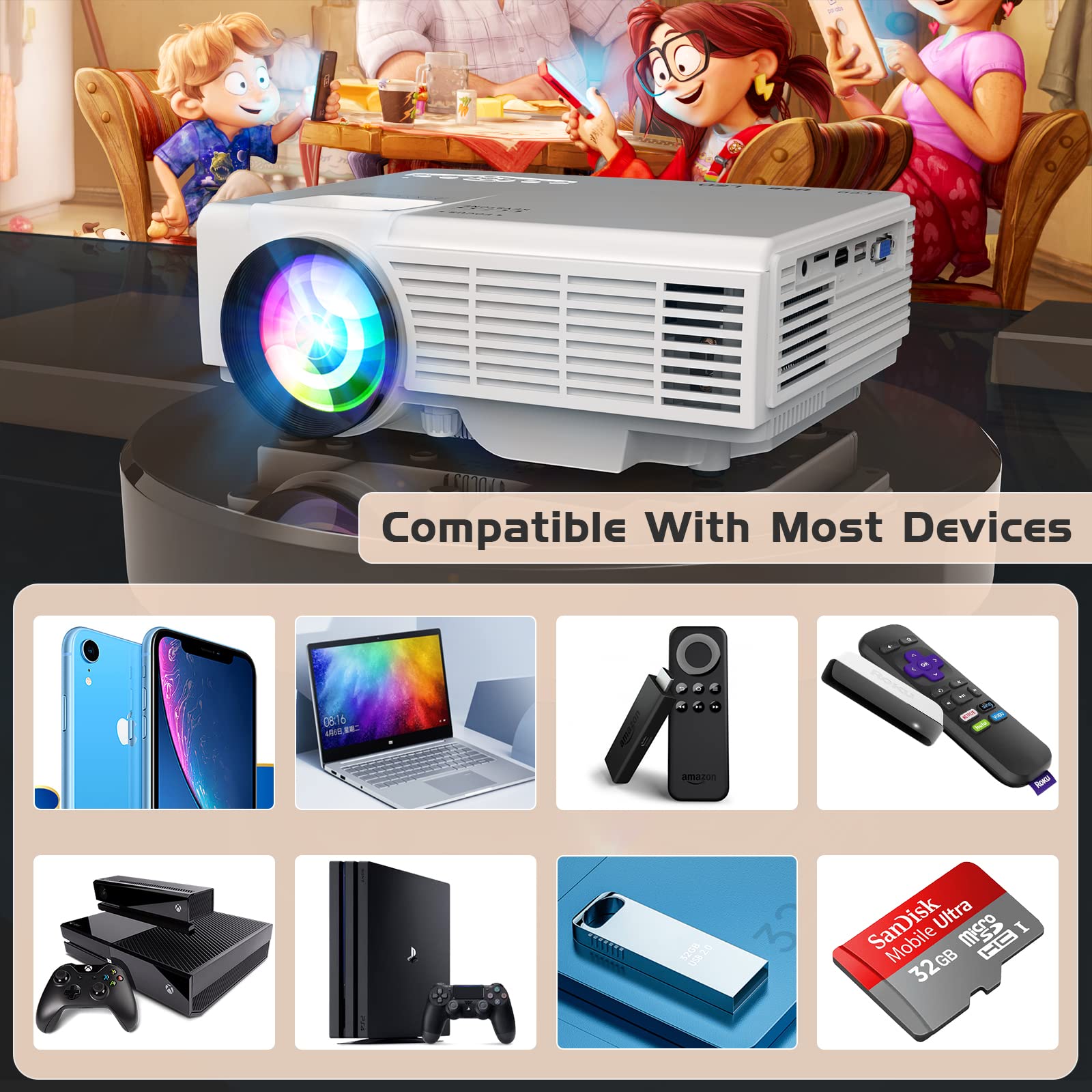 2023 Updated Mini Projector with Bluetooth and Projector Screen, 9500Lumens Full HD 1080P Supported Portable Video-Projector, Home Theater Movie Projector Compatible with HDMI,USB,AV,Laptop,Smartphone