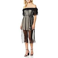 Women's Ruby Off The Shoulder Mesh Illusion Pleated Midi Dress