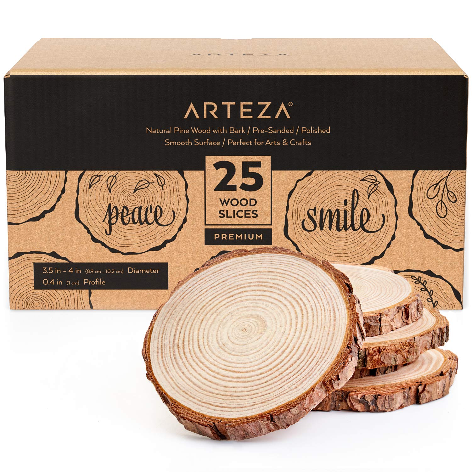 ARTEZA Natural Wood Slices,25 Pieces,9-10cm Diameter,1cm Thickness,Round Wood Discs for Crafts,Centerpieces & Paintings,Christmas Ornaments,Sanded & Polished Circles