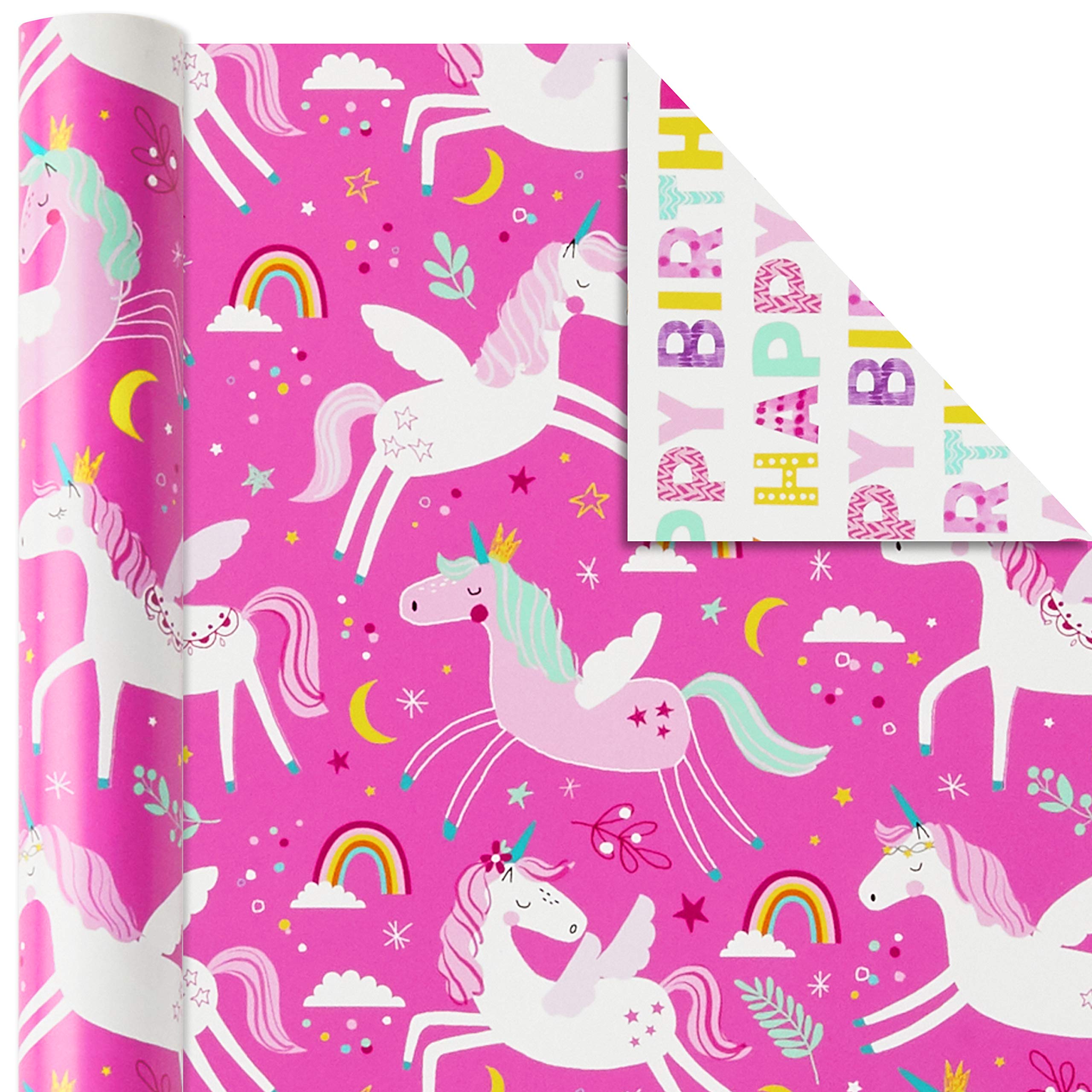 Hallmark Reversible Kids Birthday Wrapping Paper (3 Rolls: 120 sq. ft. ttl.) Monsters and Unicorns, Polka Dots, Chevron, Pink, Teal, Blue, Red, Orange, Lime Green