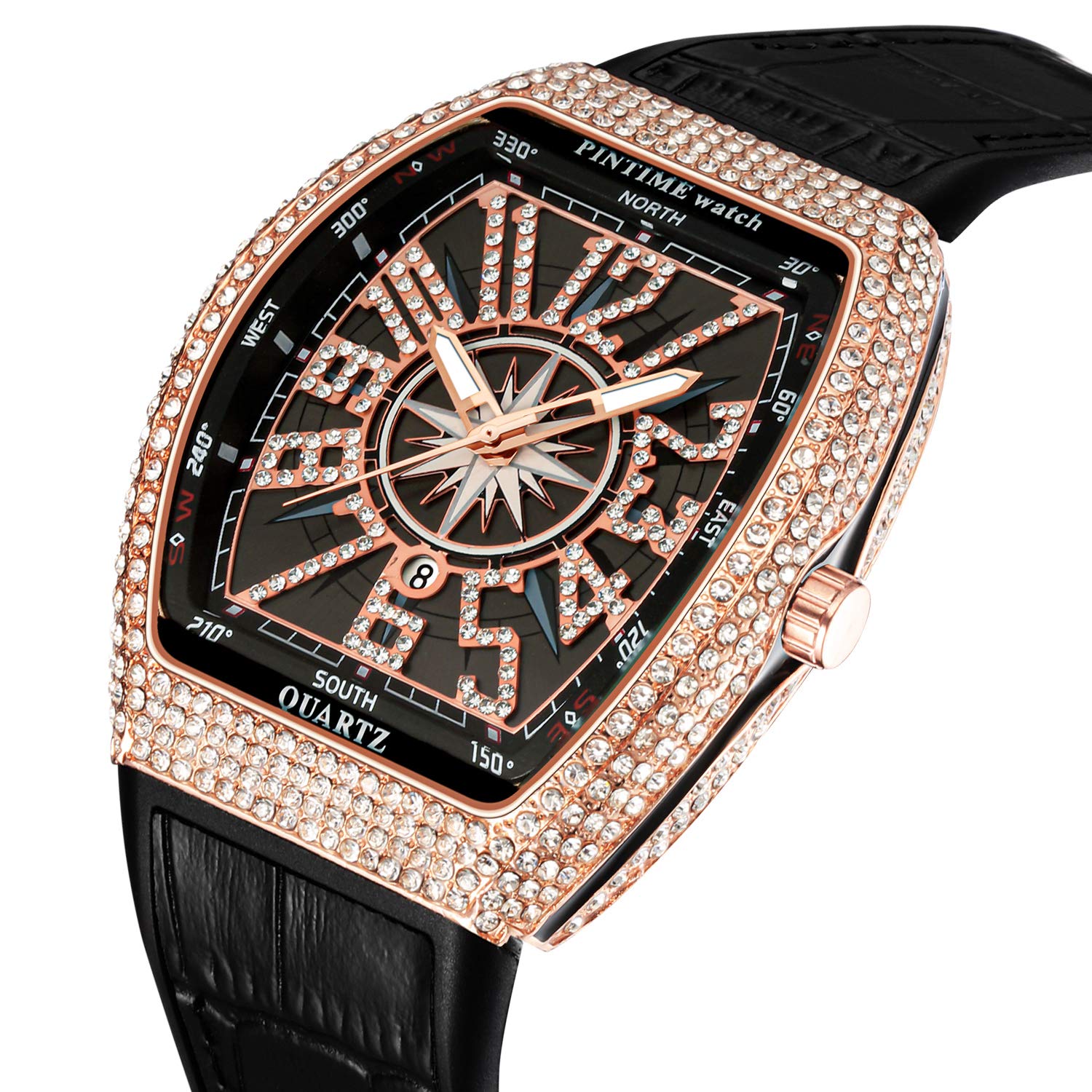 Tonneau Luxus Herren Kristall Uhr Mode Bling Iced Out Diamant Uhr für Männer Hip Hop Rapper