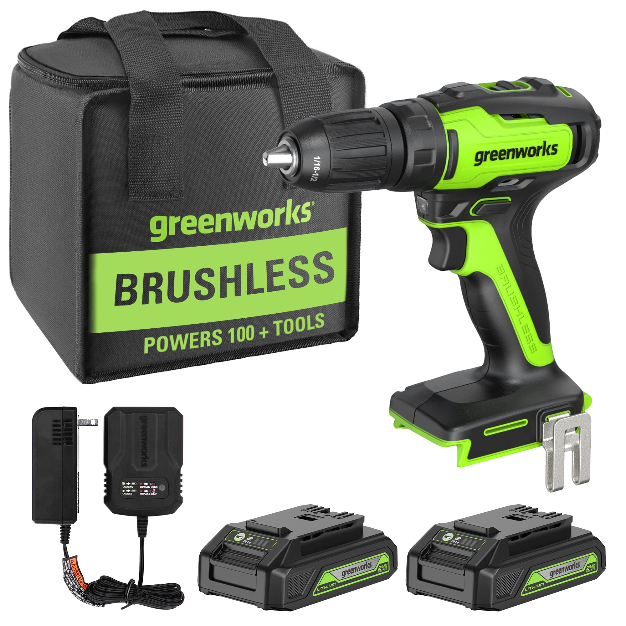 Greenworks 24V Brushless Cordless 1/2-Inch Drill / Driver, (2) 1.5Ah USB Batteries (USB Hub) and Charger Included DD24L1520