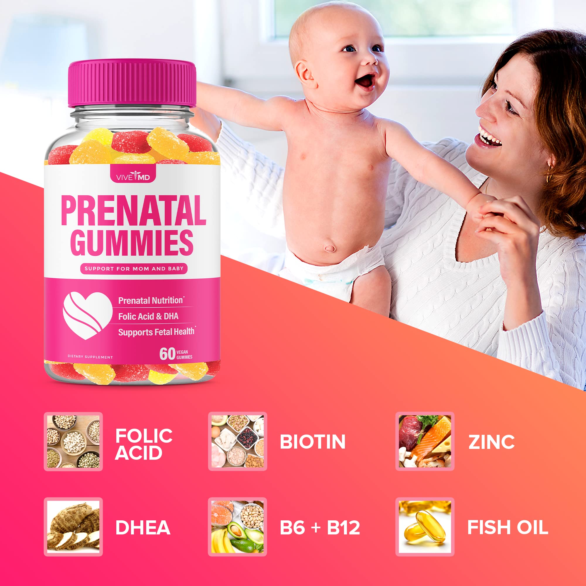 Prenatal Vitamin Gummies with DHA and Folic Acid - Vegan, Gluten Free- Fertility Gummies for Women Alt. to Pills, Liquid (120 Gummies)