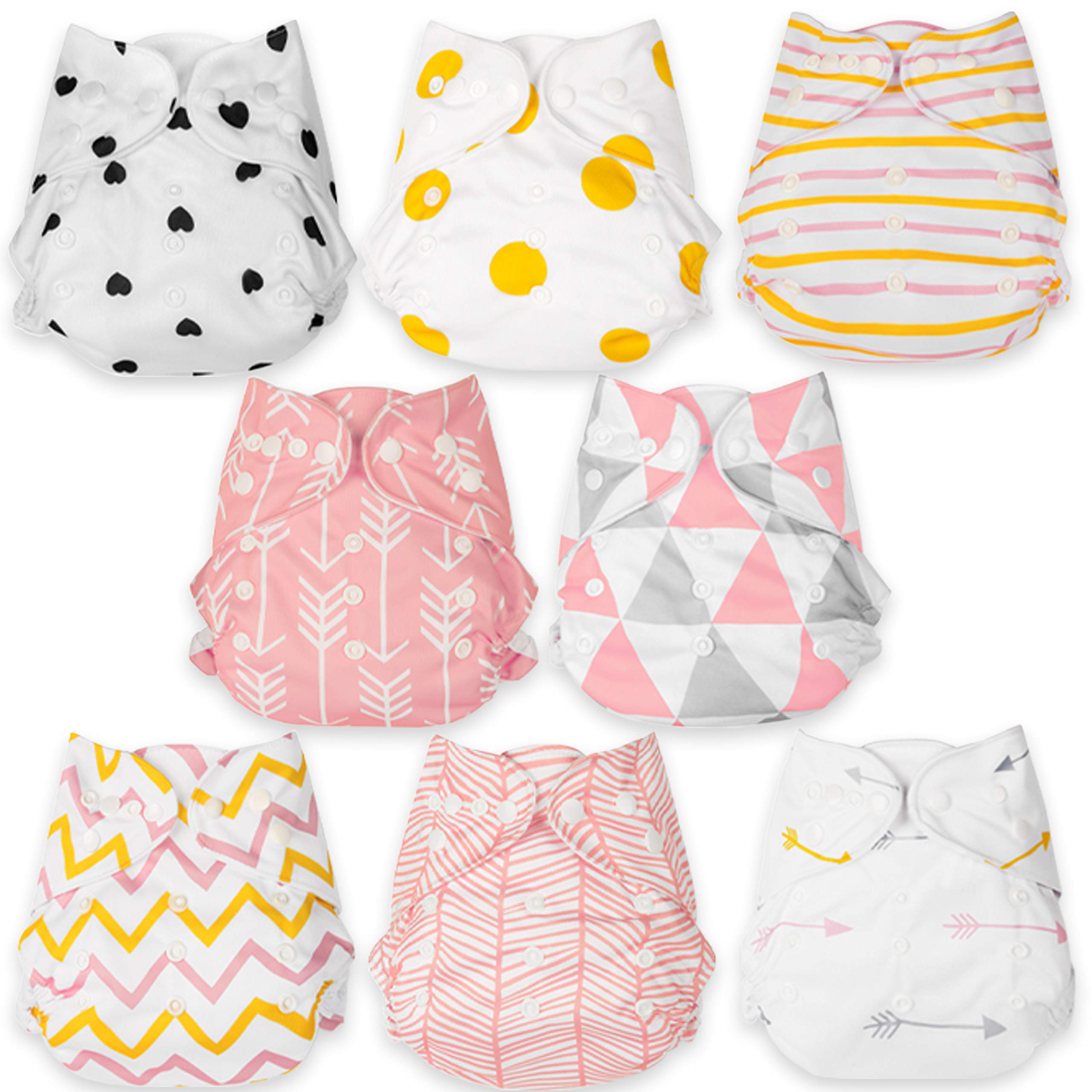 BaeBae Goods Adjustable Cloth Diapers for Boys and Girls – 8 Reusable Cloth Diapers for Babies with 8 Cloth Diaper Inserts (Pink Triangles)