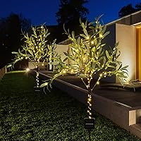 2 Pcs Artificial Olive Tree Lights 4ft Solar Artificial Olive Branches Garden Stake Lights Pathway Lights for Outdoor Realistic LED Faux Plant Waterproof Tree Light for Wedding Yard Decor