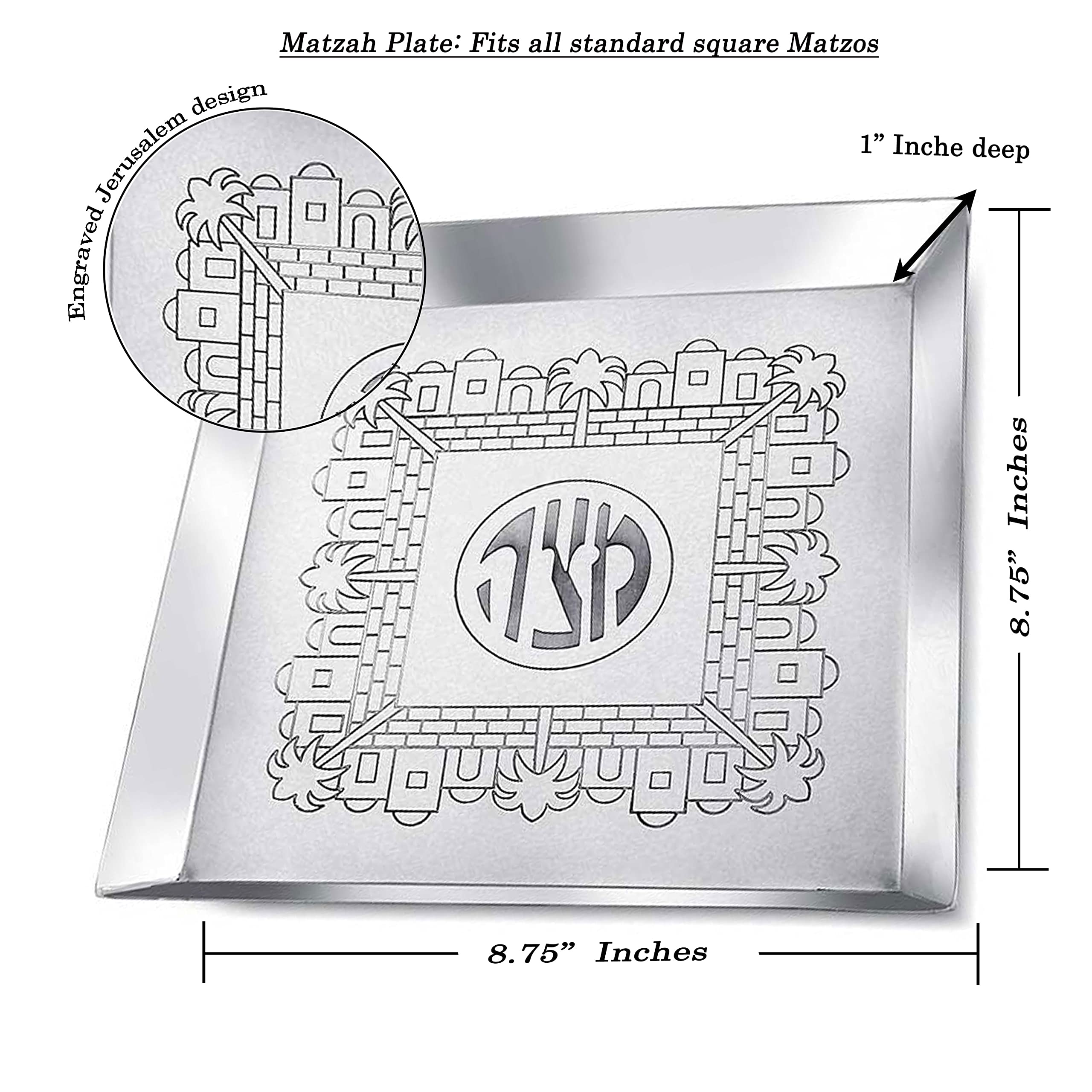 Zion Judaica Passover Matzo Tray Jerusalem Classics Seder Collection 8'' Square Passover Plate for Matzos Non-Tarnish Pesach Seder Table Decorative Plates Gift Passover Decorations