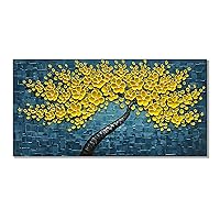 Diathou Hand-Painted 3D Flowers Painting Blue & Yellow Contemporary Tree and Flower Art Works Original Oil Painting on Canvas Wall Art living Room and Bedroom Wall Decoration Art 24x48-inch