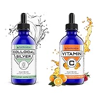 Colloidal Silver + Liquid Vitamin C Drops - VIT C - 99% Pure Ascorbic Acid - Organic, Non-GMO, Vegan - Bioactive Vitamin C Liquid Supplement - Skin Health, Immune Support, Antioxidants - 4oz