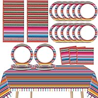 24 Guests Mexican Serape Fiesta Party Decorations Cinco De Mayo Plates and Napkins Tablecloth Supplies Colorful Stripes Mexico Tableware for Pinata Taco Ponchos Dance Day of The Dead Favors