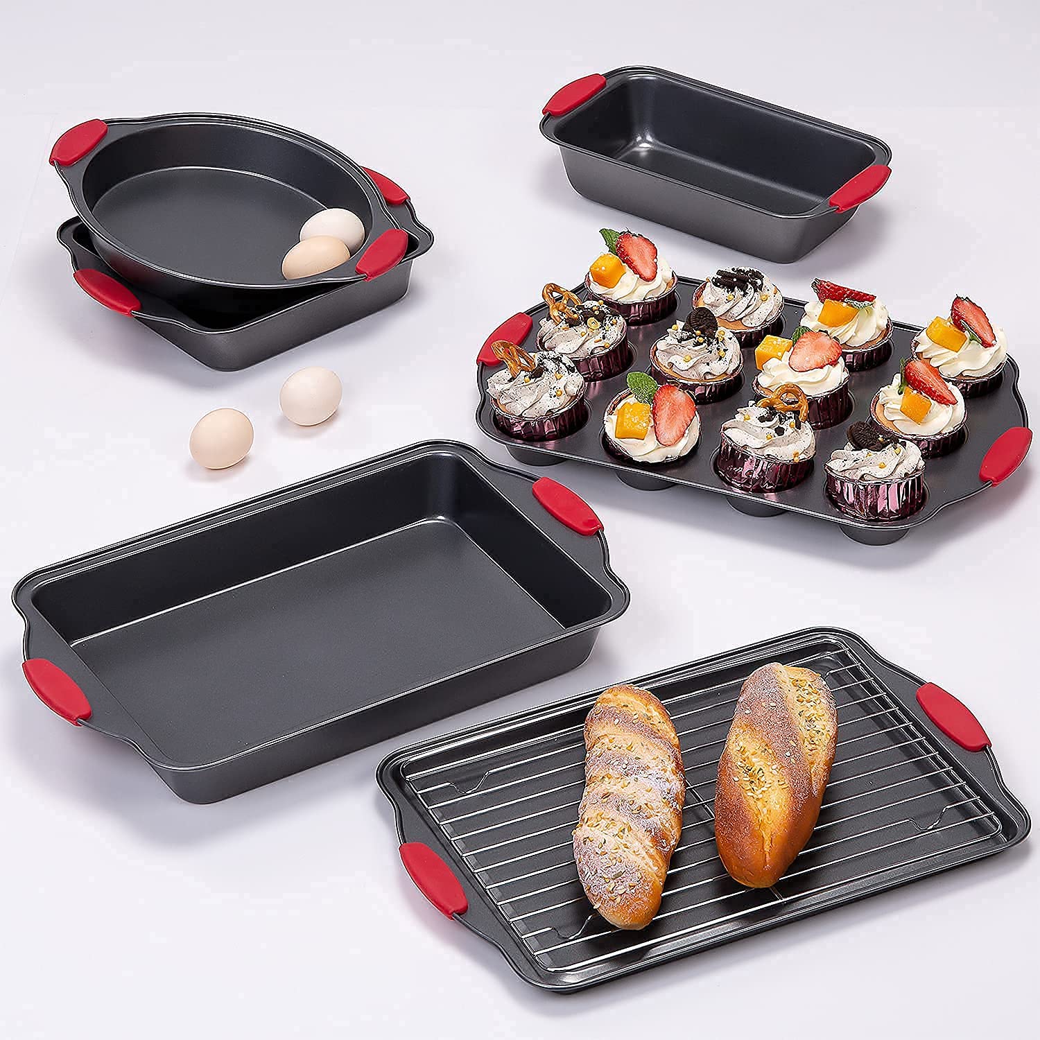 Nuovoo Baking Sheets for Oven, 7 Piece Cake Pans Sets Nonstick for Baking, Carbon Steel Bakeware Sets with Red Silicone Handles, Dark Grey, Baking Supplies for Donut Loaf Cupcake Biscuit Bread