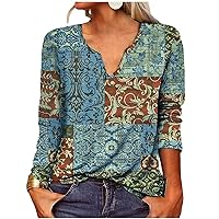 Stylish Long Sleeve Plus Size Blouse for Women Fall Hike Printed Cotton V Neck T Shirt Smocked Comfort Stretch T Shirt for Women Blue