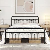 Yaheetech Queen Size Metal Bed Frame with Vintage Headboard and Footboard, Farmhouse Metal Platform Bed, Heavy Duty Steel Slat Support, Ample Under-Bed Storage, No Noise, No Box Spring Needed, Black