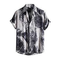 Funky Hawaiian Shirt for Men Casual Short Sleeve Color Block Blouses Cotton Linen Button Down Regular Fit Dress Shirts